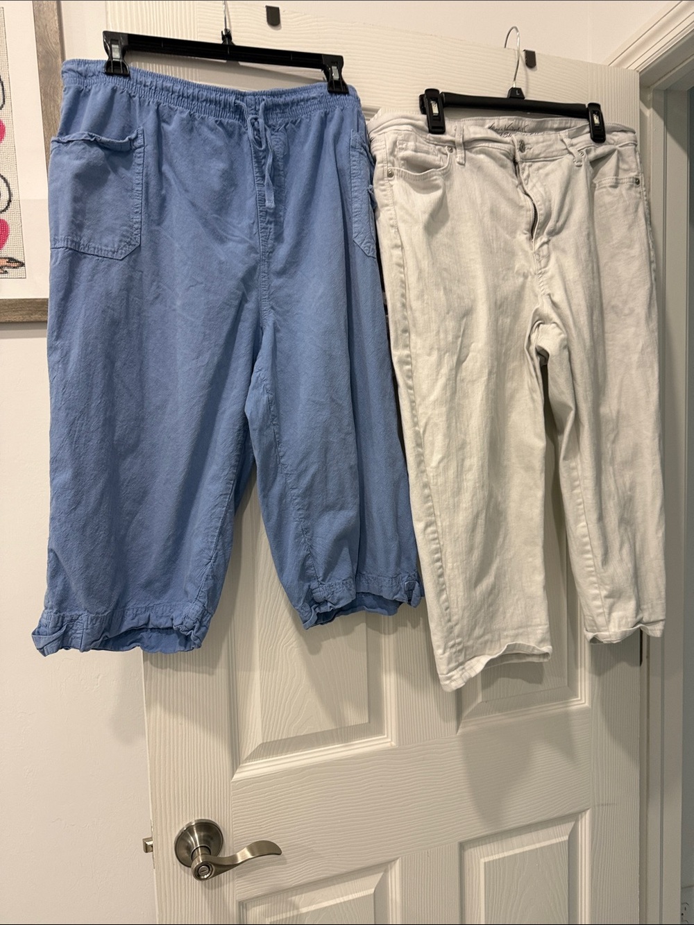 Light Blue womens Drawstring Casual Pants - & white capri's